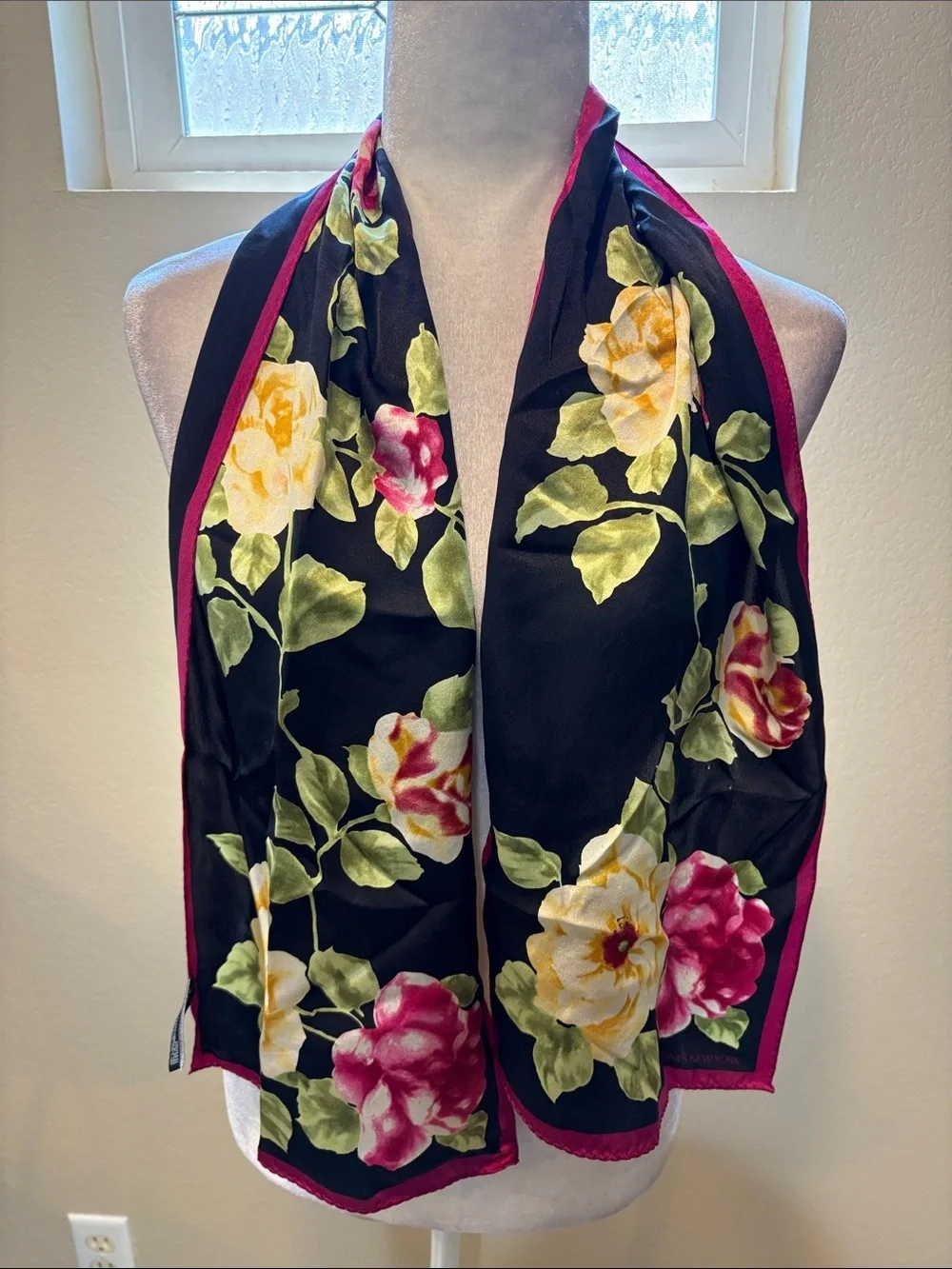 Jones New York Black Floral Silk Scarf with Pink Trim